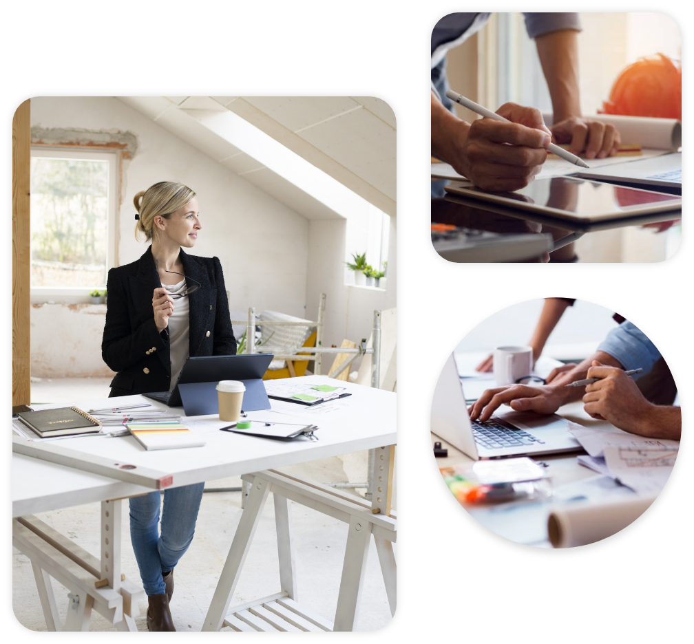 Three images arranged in a triangle: a woman in a brightly-lit room, working at a standing desk with papers and tools around her; a person leaning over a tablet to mark up a document; and a person sitting at a desk typing on a laptop.