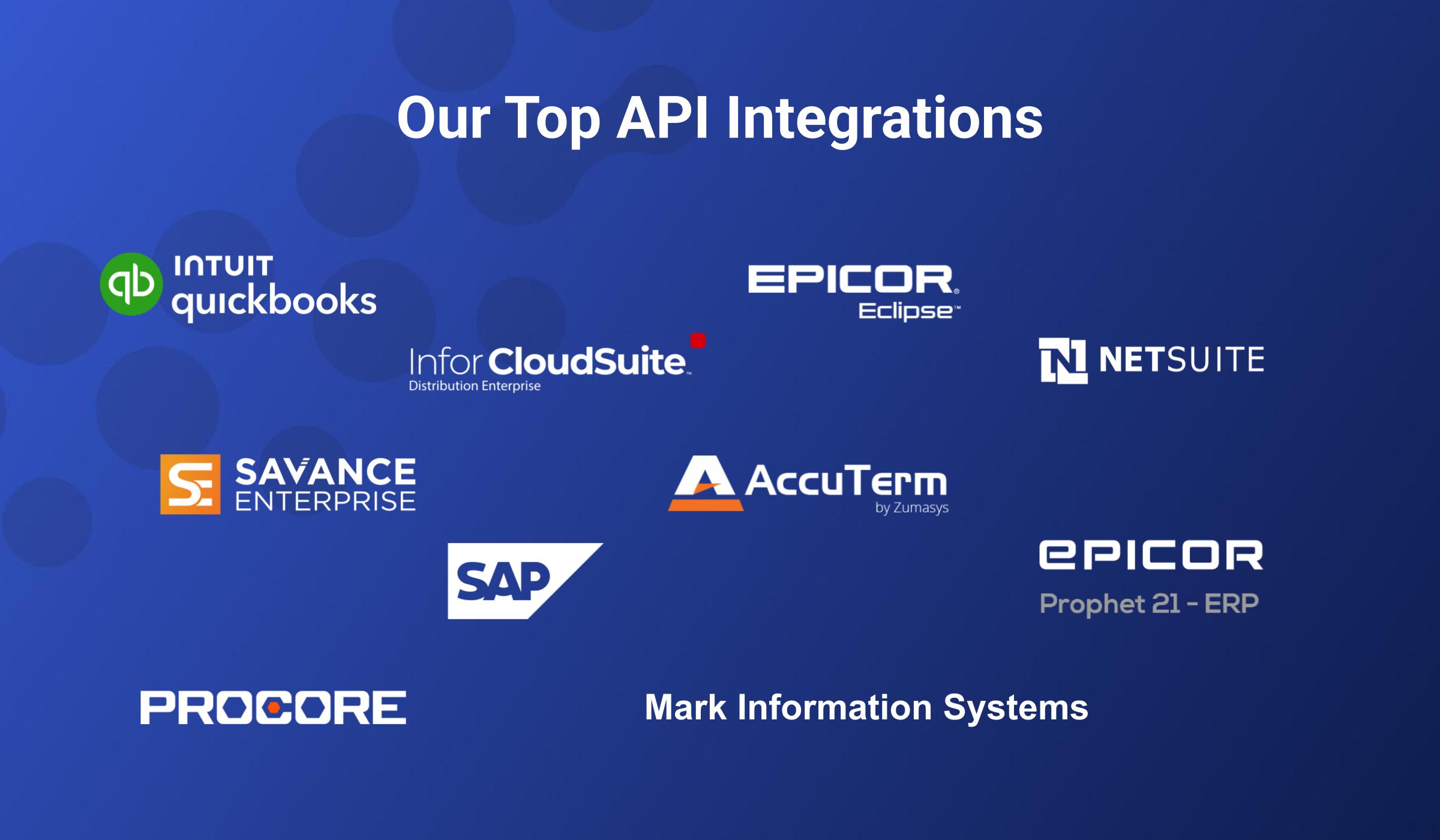 An image of Our Top API integrations, including logos for intuit QuickBooks, Eclipse, Cloudsuite, Netsuite, Savance, Accuterm SAP Epicor, Procore and Mark Information System