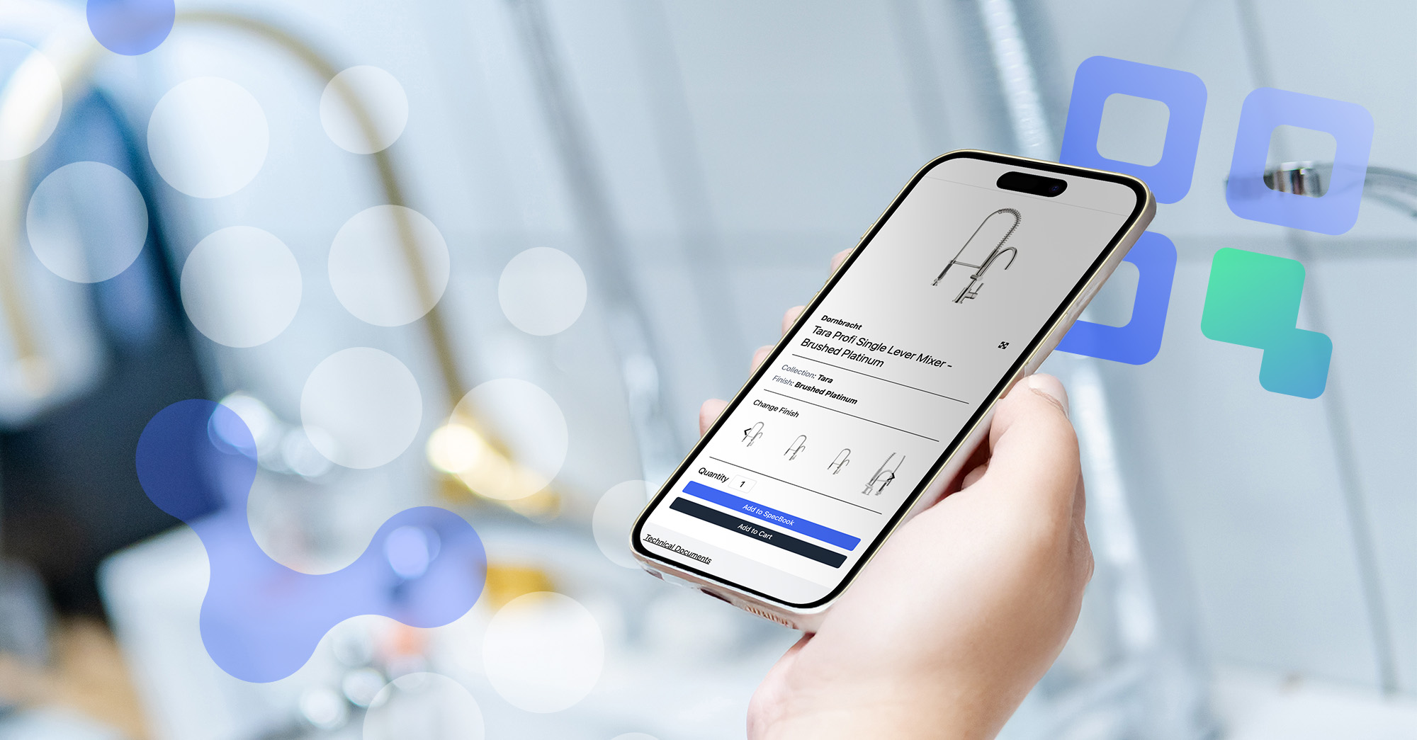 SpecBooks QR Codes in action: scanning QR code on smartphone to view Dornbracht faucet product details, real-time pricing, finish options, and add to SpecBookCapticon and Decription