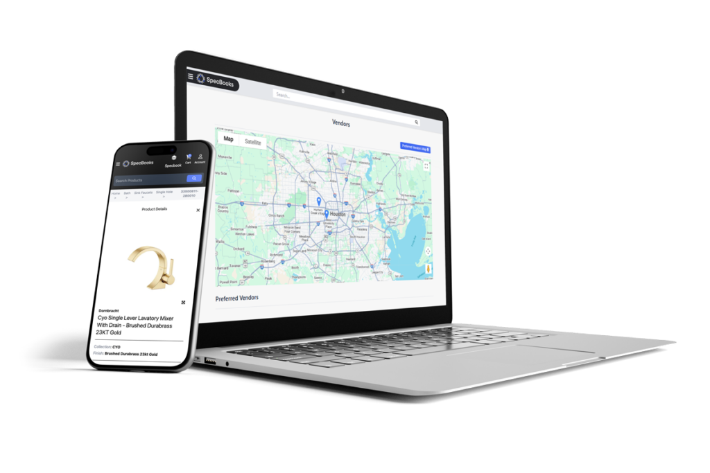 SpecBooks E-commerce digital storefront on laptop and phone: vendor map showing preferred suppliers in Houston, product details for Dornbracht Cyo Single Lever Lavatory Mixer in 23KT Gold with drain, real-time pricing and add-to-cart options for showroom B2B sales.