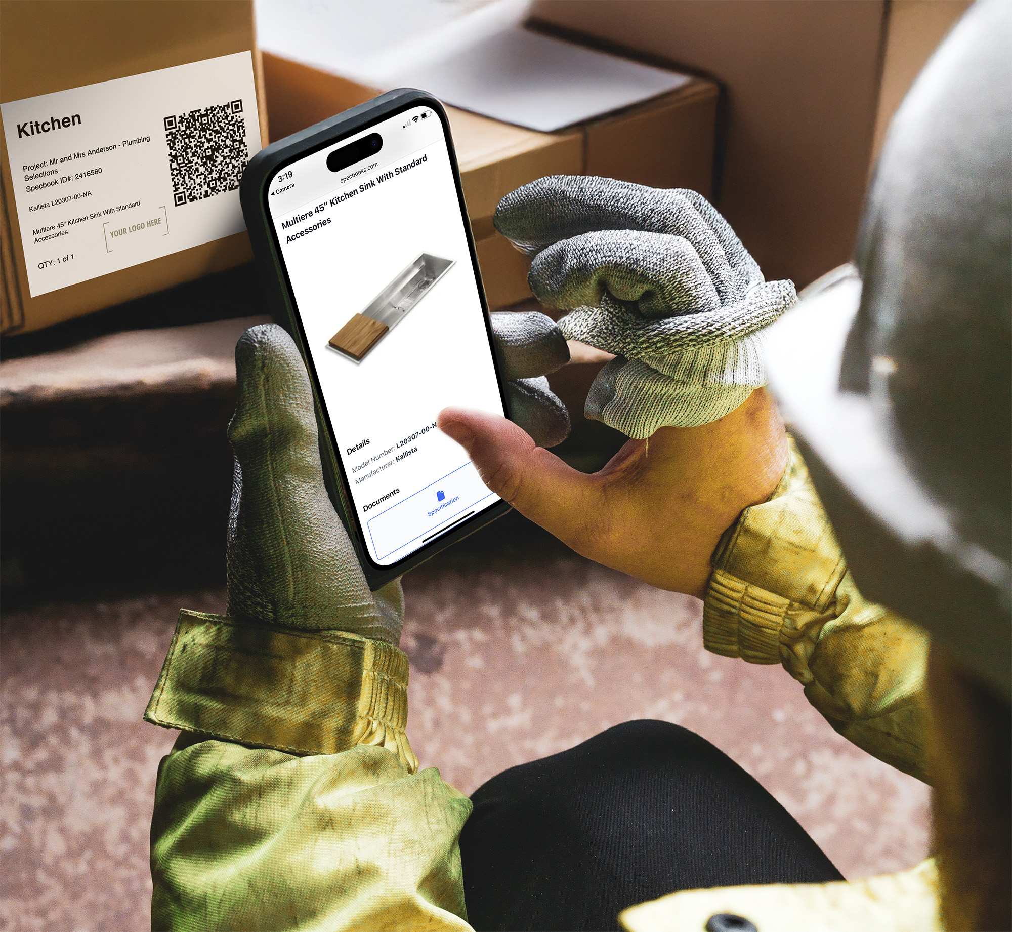 Man on job site scanning a QR code with his phone. The phone shows a clear photo of the products that are in the box.